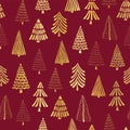 Hand drawn Christmas trees gold foil on red seamless vector pattern background. Metallic shiny golden trees. Elegant design for Royalty Free Stock Photo