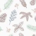 Hand Drawn Christmas Vector Seamless Background Pattern. Fir-needle Branch, Strobile, Holly and Mistletoe Sketches Card