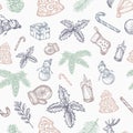 Hand Drawn Christmas Vector Seamless Background Pattern. Snowman, Sock, Holly, Fir-needle and Candle Sketches Card or