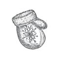 Hand Drawn Christmas Warm Glove with Snowflake Vector Illustration. Abstract Rustic Sketch. Winter Holiday Engraving