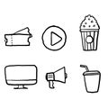 Hand drawn Cinema line icons set vector illustration. Contains such icon as film, movie, tv, video and more. doodle vector