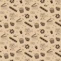 Hand drawn cinema seamless pattern with movie camera, clapper board, cinema reel and tape, popcorn in striped box, film Royalty Free Stock Photo