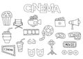 Hand drawn cinema set. Coloring book template. Outline doodle