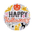 Hand drawn circle print with lettering Happy Halloween and doodles pumpkin, cat, bat, ghost . Royalty Free Stock Photo