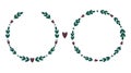 Hand drawn circle wreath with hearts, leaves and space for your text.