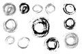 Hand-drawn circles. Monochrome vector rings. isolated design elements in grayscale. Grunge texture. Round print on a