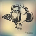 Hand-drawn city grey pigeon wearing headphones