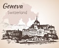 Hand drawn cityscape Geneva, Switzerland. Royalty Free Stock Photo