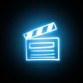 Hand drawn Clapperboard or Filming tool icon in hologram and neon style with glow