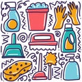 hand drawn cleaning equipment doodle set