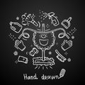 Hand drawn cleaning theme on black background. Apron Vector Design. Royalty Free Stock Photo