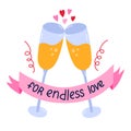 Hand drawn clipart of clink glasses with champagne. Cheers and toast for endless love. Celebration of ValentineÃ¢â¬â¢s day and party