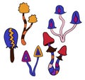 Hand drawn clipart illustration with hippie groovy mushrooms in orange purple blue red colors. Retro vintage 1960s 1970s