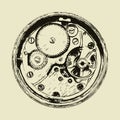 Hand drawn clock mechanism, back side of watch