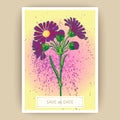 Hand drawn close-up Chrysanthemum flower artistic vector illustration. Botanical wedding ornament. Petals painted in purple.