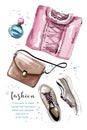 Hand drawn clothing set with bag, sweater, perfume, shoes. Stylish female outfit. Women`s clothes. Sketch.