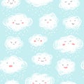 Hand drawn clouds with cartoon emoticon faces seamless pattern