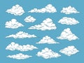 Hand drawn clouds. Pencil sketch sky cloudscape. Outline sketching cloud vintage vector engraved background