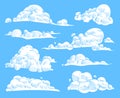 Hand drawn clouds. Sketch cloudy sky, vintage engraved curled cloud. Doodle nature heaven, outline weather symbols