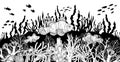 Hand drawn Clown fish in sea anemones coral reef, oceanic animal. Black and white