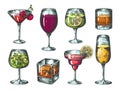 Hand drawn cocktails. Colored glasses with alcoholic beverages and lemonades, tropical bar drinks. Vector isolated