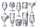 Hand drawn cocktails. Glasses with alcoholic drinks tonic and lemonade, martini gin rum and tropical beverages. Vector Royalty Free Stock Photo