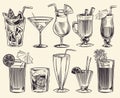 Hand drawn cocktails. Sketch cocktails and alcohol drinks, cold beverages different glasses. Restaurant alcoholic drinks