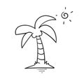 Hand drawn coconut tree on a small island with sunlight behind it. in doodle style vector