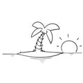 Hand drawn coconut tree on a small island with sunlight behind it. in doodle style vector