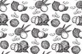 Hand drawn coconuts outline sketch seamless pattern. Vector black ink drawing coco fruits. Graphic illustration, isolated on white