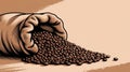 Hand-drawn coffee beans spilling from burlap sack on beige background Royalty Free Stock Photo
