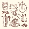 Hand drawn coffee cup, beans, leaves, coffeepot and coffee grinder vector illustration