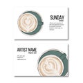 Hand drawn coffee cup business card. Hot drink flyer, personal decoration. Irish coffee latte cool desidn. Unique personal arabica