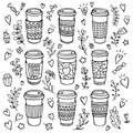 Hand-drawn coffee cup set with floral background Royalty Free Stock Photo