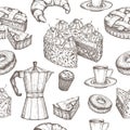 Hand drawn coffee and dessert seamless pattern