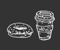Hand drawn coffee and donut doodle. Sketch food and drink, icon Royalty Free Stock Photo