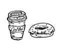 Hand drawn coffee and donut doodle. Sketch food and drink, icon. Royalty Free Stock Photo