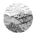 Hand drawn coffee field. Nature landscape in the round. Vector sketch Royalty Free Stock Photo