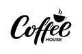 Hand drawn Coffee house text, typography lettering poster, calligraphy logo. Coffee drink logotype, badge. Coffee shop