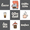Hand drawn coffee maker, American press, latte, cappucino. Collection of coffee time symbols and handwritten phrases