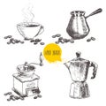 Hand drawn coffee set with coffee beans. Royalty Free Stock Photo