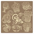 Hand drawn coffee set. Coffee drinks in various cups