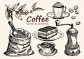 Hand drawn coffee set. Coffee sketch. Coffee collection. Grinder, bag, beans, cup, branch with coffee beans Royalty Free Stock Photo