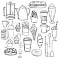 Coffee shop food set. Vector sketch illustration