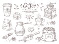 Hand drawn coffee. Vintage Italian drink with breakfast desserts and spices, coffee maker and grinder sketch. Vector