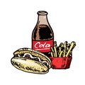 Hand drawn Cola and French fries and Hot Dog doodle. Color sketch food and drink, icon. Decoration element. Isolated on white Royalty Free Stock Photo