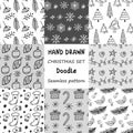 Hand drawn collection of Christmas doodles. Seamless hand-drawn New Year\'s patterns Royalty Free Stock Photo