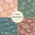 A hand-drawn collection of coral and sea seamless patterns with additional elements in various colors. Royalty Free Stock Photo