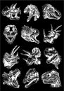 Graphical set of dinosaur portraits isolated on black background, vector engraved illustration