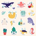 Hand drawn collection of eco friendly badges, stickers